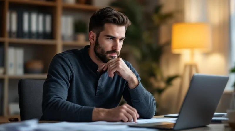 Mann sitzt am Schreibtisch mit Unterlagen und Laptop in einem hellen Heimbuero