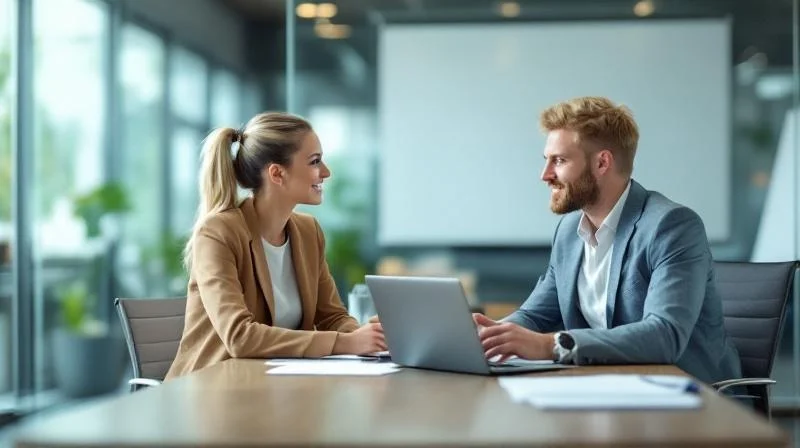 Zwei Personen in einem modernen Rostocker Büro besprechen Unterlagen