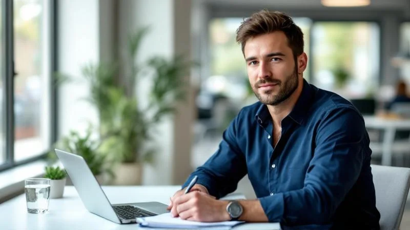 Mann lernt am Laptop in einem modernen Büro in Rostock mit Blick auf die Stadt