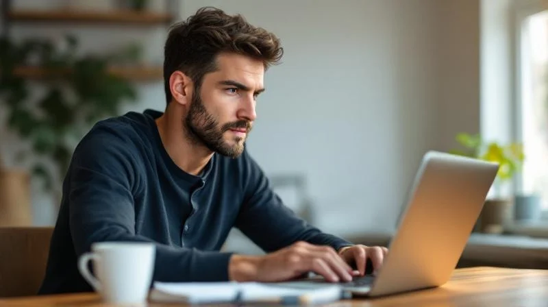 Mann arbeitet am Laptop in einem modernen Büro in Rostock